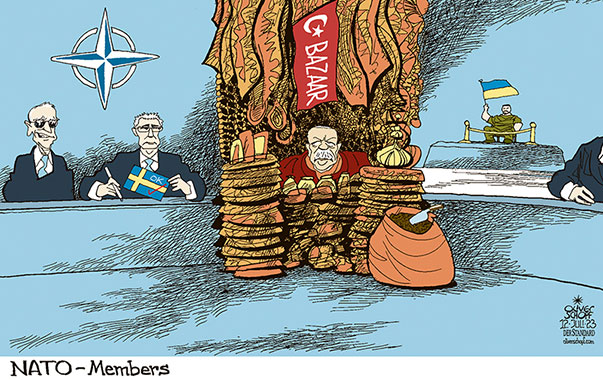 Oliver Schopf, editorial cartoons from Austria, cartoonist from Austria, Austrian illustrations, illustrator from Austria, editorial cartoon politics politician International, Cartoon Movement, CartoonArts International 2023: NATO SUMMIT VILNIUS SWEDEN MEMBERSHIP ACCESS TURKEY ERDOGAN BAZAAR STOLTENBERG JOE BIDEN ZELENSKYY UKRAINE MEMBERS

