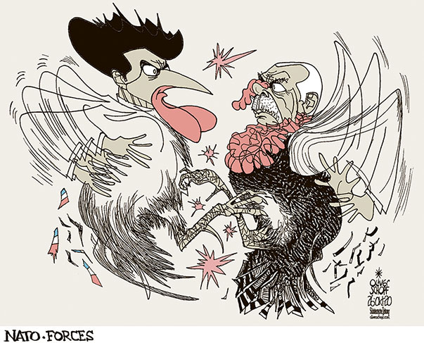 Oliver Schopf, editorial cartoons from Austria, cartoonist from Austria, Austrian illustrations, illustrator from Austria, editorial cartoon politics politician International, Politico, Cartoon Arts International, 2020: NATO FRANCE TURKEY MACRON ERDOGAN FIGHT QUARREL FORCES TURKEY COCK ROOSTER    

