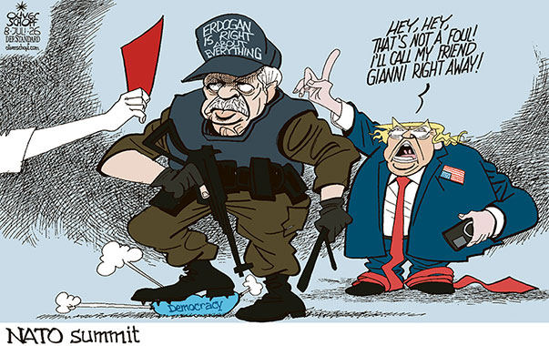 Oliver Schopf, editorial cartoons from Austria, cartoonist from Austria, Austrian illustrations, illustrator from Austria, editorial cartoon politics politician International, Cartoon Movement, @oliverschopf.bsky.social 2026: NATO SUMMIT TURKEY ANKARA DEMOCRACY OPPRESSION ERDOGAN POLICE ARREST TRUMP RED CARD CALL INFANTINO SUPPRESSION
 

 




 





 




























