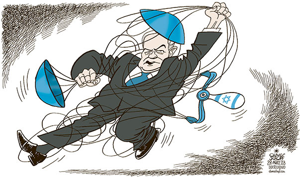Oliver Schopf, editorial cartoons from Austria, cartoonist from Austria, Austrian illustrations, illustrator from Austria, editorial cartoon politics politician International, Cartoon Arts International, 2023: ISRAEL NETANYAHU JUSTICE JUDICIAL REFORM  






