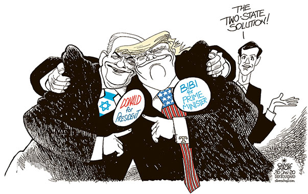 Oliver Schopf editorial cartoon: Trump’s Mideast peace plan organized by Jared Kushner should help to find a “Two-state solution” without participation of Palestinian leaders.
Oliver Schopf, editorial cartoons from Austria, cartoonist from Austria, Austrian illustrations, illustrator from Austria, editorial cartoon politics politician International, Politico, Cartoon Arts International, 2020 : USA ISRAEL TRUMP NETANYAHU JARED KUSHNER PEACE PLAN TWO-STATE SOLUTION PROMOTION CAMPAIGN ELECTIONS FRIENDS EMBRACE HUG