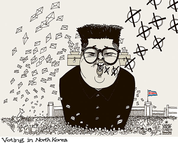 Oliver Schopf, editorial cartoons from Austria, cartoonist from Austria, Austrian illustrations, illustrator from Austria, editorial cartoon North Korea 2019 NORTH KOREA KIM JONG UN ELECTIONS VOTE VOTING SUPREME PEOPLE‘S ASSEMBLY BALLOT BOX  
