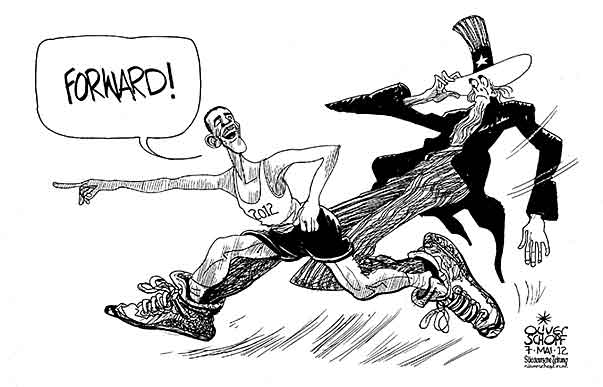  Oliver Schopf, politischer Karikaturist aus Österreich, politische Karikaturen, Illustrationen Archiv politische Karikatur Welt USA Präsidentenwahl 2012 USA MITT ROMNEY REPUBLIKANER  HERAUSFORDER WAHLEN WEISSES HAUS OBAMA WAHLKAMPF RENNEN UNCLE SAM FORWARD  



