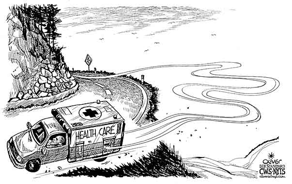 Oliver Schopf, editorial cartoons from Austria, cartoonist from Austria, Austrian illustrations, illustrator from Austria, editorial cartoon politics politician International 2010: usa Obama health care ambulance rescue road bend 


