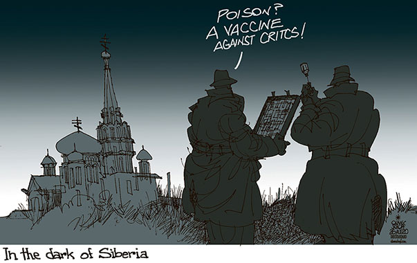 Oliver Schopf, editorial cartoons from Austria, cartoonist from Austria, Austrian illustrations, illustrator from Austria, editorial cartoon politics politician International, Politico, Cartoon Arts International, 2020: NAWALNY POISON SIBERIA OMSK DARK DARKNESS VACCINE SYRINGE CORONA 


