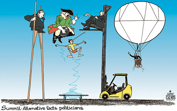 Oliver Schopf, editorial cartoons from Austria, cartoonist from Austria, Austrian illustrations, illustrator from Austria, editorial cartoon politics & society 2019 POLITICS LIES ALTERNATIVE FACTS CON MAN FRAUD BARON MÜNCHHAUSEN CANNONBALL SHORT LEGS PINOCCHIO STILTS BALLOON HOT AIR SUMMIT  
    
