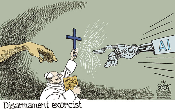 Oliver Schopf, editorial cartoons from Austria, cartoonist from Austria, Austrian illustrations, illustrator from Austria, editorial cartoon politics politician International, Cartoon Movement, @oliverschopf.bsky.social 2026: POPE LEO XIV ENCYCLICAL MAGNIFICA HUMANITAS ARTIFICIAL INTELLIGENCE AI DISARMAMENT EXCORCIST CROSS ANIMATION ADAM MICHELANGELO SISTINE CHAPEL 
HAND

 

 




 





 




























