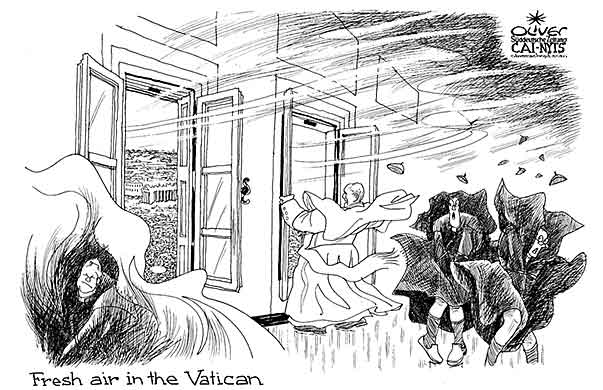 Oliver Schopf, editorial cartoons from Austria, cartoonist from Austria, Austrian illustrations, illustrator from Austria, editorial cartoon politics politician International, Cartoon Arts International, New York Times Syndicate, Cagle cartoon 2013 VATICAN CHURCH POPE FRANCESCO FRESH AIR WINDOW OPEN WIND REFORM CARDINAL    
 

