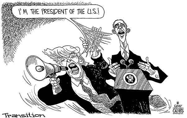 Oliver Schopf, editorial cartoons from Austria, cartoonist from Austria, Austrian illustrations, illustrator from Austria, editorial cartoon politics politician International, Cartoon Arts International, New York Times Syndicate, 2016: USA PRESIDENTIAL TRANSITION OBAMA TRUMP ADDRESS SPEECH MEGAPHONE 



