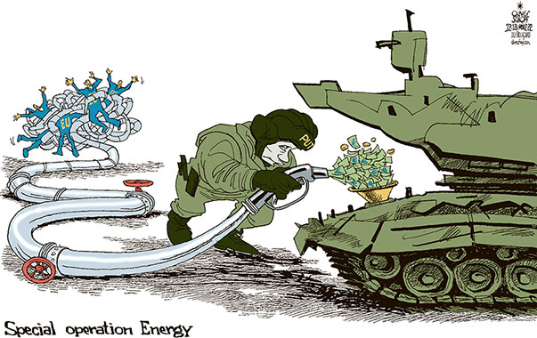 Oliver Schopf, editorial cartoons from Austria, cartoonist from Austria, Austrian illustrations, illustrator from Austria, editorial cartoon politics politician International, Cartoon Arts International, 2022:  UKRAINE WAR PUTIN RUSSIA EUROPEAN UNION EU ENERGY GAS OIL PIPELINE MONEY TANK REFUEL FUEL WAR CAST
 
