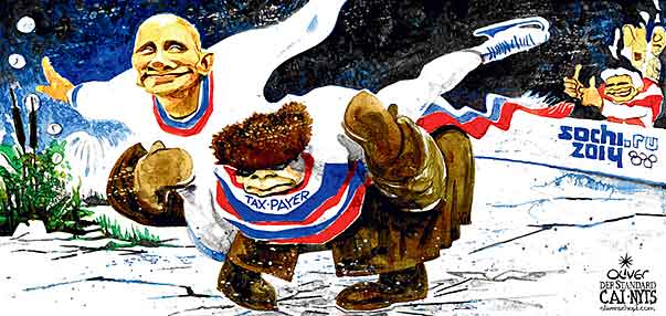 Oliver Schopf, editorial cartoons from Austria, cartoonist from Austria, Austrian illustrations, illustrator from Austria, editorial cartoon politics politician International, Cartoon Arts International, New York Times Syndicate, Cagle cartoon 2014 RUSSIA OLYMPIC GAMES SOCHI 2014 PUTIN FIGURE SKATING TAX PAYER  

