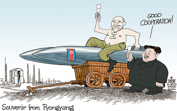 Oliver Schopf, editorial cartoons from Austria, cartoonist from Austria, Austrian illustrations, illustrator from Austria, editorial cartoon politics politician International, Cartoon Movement, CartoonArts International 2023: RUSSIA PUTIN NORTH KOREA KIM JONG UN VISIT VOSTOCHNY COSMODROME COOPERATION WEAPONS DELIVERY ROCKETS


