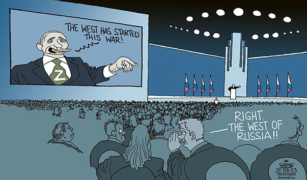 Oliver Schopf, editorial cartoons from Austria, cartoonist from Austria, Austrian illustrations, illustrator from Austria, editorial cartoon politics politician International, Cartoon Arts International, 2022:  RUSSIA PUTIN STATE NATION SPEECH UKRAINE WAR THE WEST AUDITORIUM EVENT HALL






