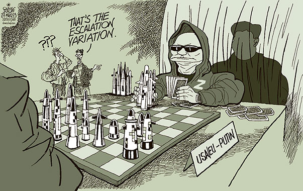 Oliver Schopf, editorial cartoons from Austria, cartoonist from Austria, Austrian illustrations, illustrator from Austria, editorial cartoon politics politician International, Cartoon Arts International, 2023: PUTIN ROCKETS NUKES BELARUS USA EU THE WEST NATO CHESS POKER XI JINPING  






