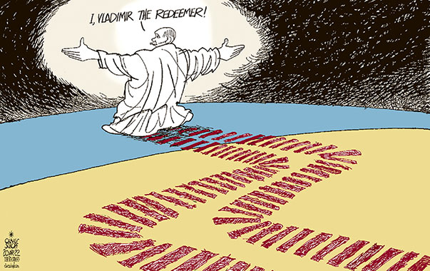 Oliver Schopf, editorial cartoons from Austria, cartoonist from Austria, Austrian illustrations, illustrator from Austria, editorial cartoon politics politician International, Cartoon Arts International, 2022: UKRAINE WAR FLAG RUSSIA VLADIMIR PUTIN TRACE TANK LETTER Z REDEEMER BLOOD INNOCENCE   

