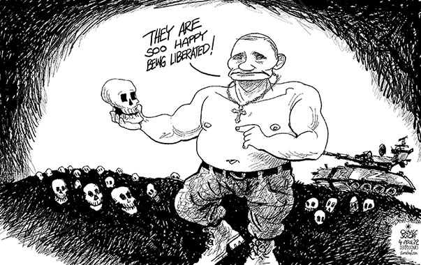 Oliver Schopf, editorial cartoons from Austria, cartoonist from Austria, Austrian illustrations, illustrator from Austria, editorial cartoon politics politician International, Cartoon Arts International, 2022: UKRAINE WAR GENOCIDE MASSACRE CARNAGE BUCHA KYIV PUTIN SKULLS BONES LIBERATION FREEDOM HAMLET TANK Z  

