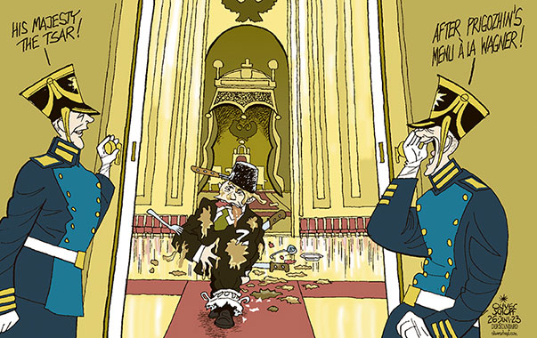 Oliver Schopf, editorial cartoons from Austria, cartoonist from Austria, Austrian illustrations, illustrator from Austria, editorial cartoon politics politician International, Cartoon Movement, CartoonArts International 2023: RUSSIA PUTIN PROGOZHIN MUTINY REBELLION WAGNER PUTIN’S COOK TSAR KREMLIN PALACE THRONE HALL PAGE FOOTBOY MENU FOOD

