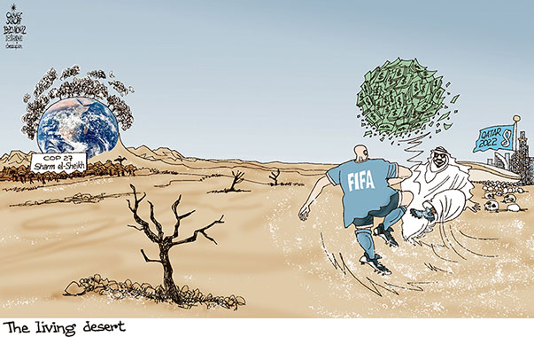 Oliver Schopf, editorial cartoons from Austria, cartoonist from Austria, Austrian illustrations, illustrator from Austria, editorial cartoon politics politician International, Cartoon Arts International, 2022: QATAR FIFA WORLD CUP EMIR DOHA SAND DESERT COP27 SHARM EL-SHEIKH GLOBAL WARMING CO2 DESERT THE LIVING DESERT
