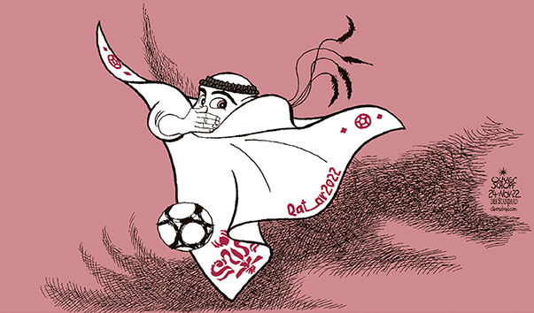Oliver Schopf, editorial cartoons from Austria, cartoonist from Austria, Austrian illustrations, illustrator from Austria, editorial cartoon politics politician International, Cartoon Arts International, 2022: QATAR FIFA WORLD CUP MASCOT LA’EEB PROTEST ONE LOVE GERMANY TEAM HAND MOUTH FREEDOM OF SPEECH HUMAN RIGHTS



