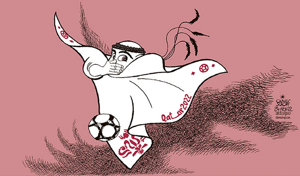 Oliver Schopf, editorial cartoons from Austria, cartoonist from Austria, Austrian illustrations, illustrator from Austria, editorial cartoon politics politician International, Cartoon Arts International, 2022: QATAR FIFA WORLD CUP MASCOT LA’EEB PROTEST ONE LOVE GERMANY TEAM HAND MOUTH FREEDOM OF SPEECH HUMAN RIGHTS
