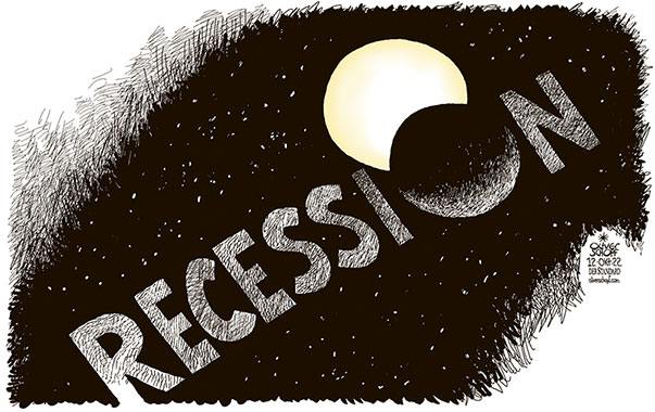 Oliver Schopf, editorial cartoons from Austria, cartoonist from Austria, Austrian illustrations, illustrator from Austria, editorial cartoon politics politician International, Cartoon Arts International, 2022: ECONOMY IMF RECESSION INFLATION ENERGY PRICES TOTAL ECLIPSE SPACE 
 

