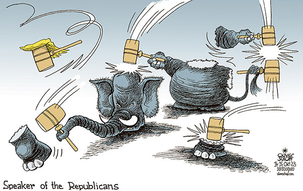 Oliver Schopf, editorial cartoons from Austria, cartoonist from Austria, Austrian illustrations, illustrator from Austria, editorial cartoon politics politician International, Cartoon Movement, CartoonArts International 2023: USA CONGRESS HOUSE OF REPRESENTATIVES REPUBLICANS GOP ELEFANT DISARRAY DISRUPTION SPLITTING SEPARATION HAMMER TRUMP











