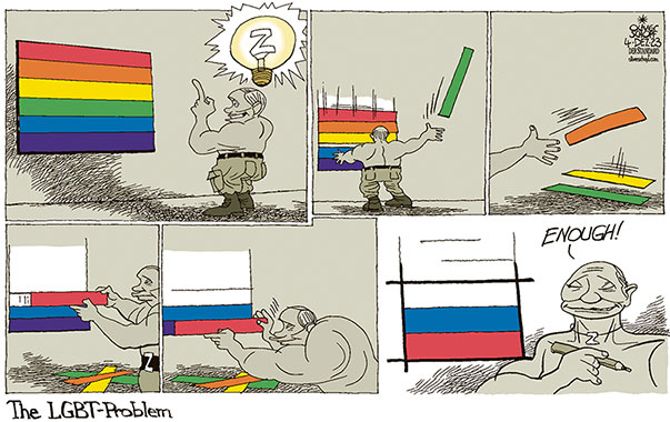 Oliver Schopf, editorial cartoons from Austria, cartoonist from Austria, Austrian illustrations, illustrator from Austria, editorial cartoon politics politician International, Cartoon Movement, CartoonArts International 2023: RUSSIA FLAG PUTIN Z UKRAINE WAR LGBTIQ RAINBOW FLAG LAW IDEA LIGHT BULB











