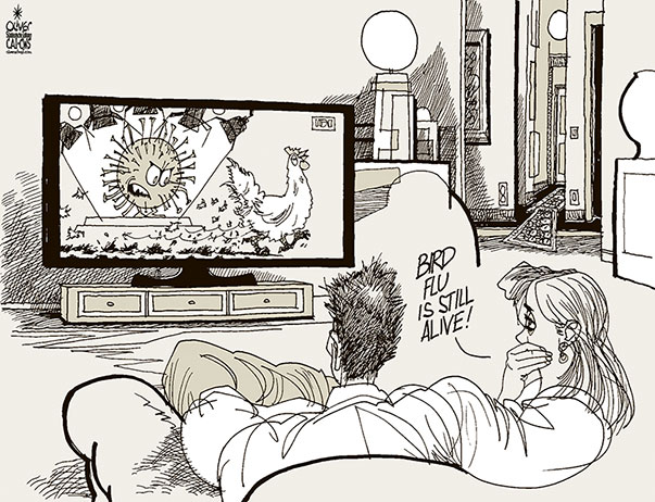 Oliver Schopf, editorial cartoons from Austria, cartoonist from Austria, Austrian illustrations, illustrator from Austria, editorial cartoon politics politician International, Süddeutsche Zeitung, opinion page, Cartoon Arts International, 2021: CORONAVIRUS CRISIS SARS-CoV-2 COVID-19 BIRD FLU HPAI HIGH PATHOGEN AVIAN INFLUENZA H5N8 RUSSIA TV BREAKING NEWS MEDIA SPOT LIGHT STAR FLAT MAN WOMAN    

