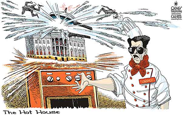 Oliver Schopf, editorial cartoons from Austria, cartoonist from Austria, Austrian illustrations, illustrator from Austria, editorial cartoon Donald Trump president of the united states of america USA WHITE HOUSE SCARAMUCCI SPEAKER COOKING POT PRESSURE COOK EXPLOSION COOKER STOVE HOT  
