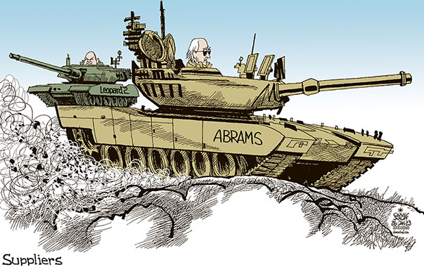 Oliver Schopf, editorial cartoons from Austria, cartoonist from Austria, Austrian illustrations, illustrator from Austria, editorial cartoon politics politician International, Cartoon Arts International, 2023: UKRAINE WAR TANKS SUPPLY SUPPLIERS ABRAMS LEOPARD 2 OLAF SCHOLZ JOE BIDEN GERMANY USA DECISION PARTNERS 




