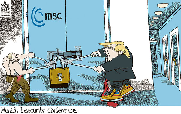 Oliver Schopf, editorial cartoons from Austria, cartoonist from Austria, Austrian illustrations, illustrator from Austria, editorial cartoon politics politician International, Cartoon Movement, CartoonArts International 2024: MUNICH SECURITY CONFERENCE MSC BAYRISCHER HOF PUTIN TRUMP PADLOCK BOLT CUTTER GOLDEN SHOES SNEAKERS











