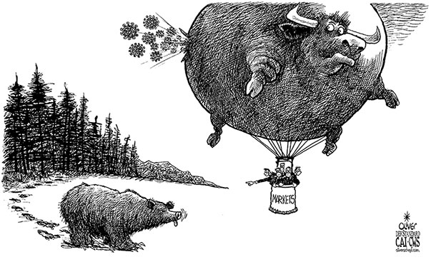 Oliver Schopf, editorial cartoons from Austria, cartoonist from Austria, Austrian illustrations, illustrator from Austria, editorial cartoon politics politician International, Politico, Cartoon Arts International, 2020 : CORONAVIRUS COV-2 COVID-19 STOCK EXCHANGE MARKET BULL BEAR HOT AIR BALLOON BUBBLE     
