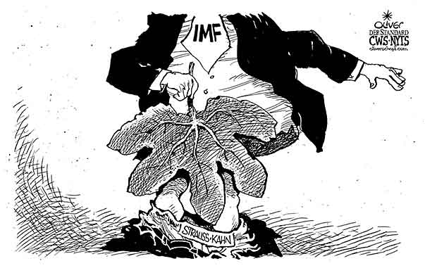 Oliver Schopf, editorial cartoons from Austria, cartoonist from Austria, Austrian illustrations, illustrator from Austria, editorial cartoon miscellaneous 2011 strauss-kahn imf leaf sex scandal france
