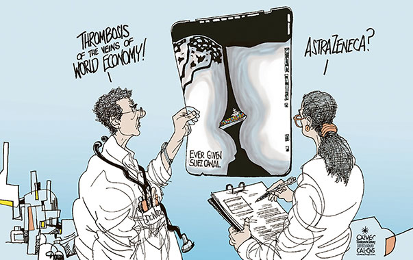 Oliver Schopf, editorial cartoons from Austria, cartoonist from Austria, Austrian illustrations, illustrator from Austria, editorial cartoon politics politician International, Politico, Cartoon Arts International, Süddeutsche Zeitung, 2021: SUEZ CANAL CONTAINER SHIP VESSEL EVER GIVEN THROMBOSIS WORLD ECONOMY BLOCKING X-RAY DOCTOR CHECK VACCINE ASTRAZENECA     



