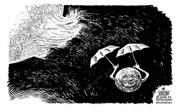 Oliver Schopf, editorial cartoons from Austria, cartoonist from Austria, Austrian illustrations, illustrator from Austria, editorial cartoon climate and environment 2011 sun solar flare coronal mass ejections earth magnetic field umbrella


