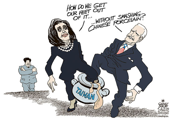 Oliver Schopf, editorial cartoons from Austria, cartoonist from Austria, Austrian illustrations, illustrator from Austria, editorial cartoon politics politician International, Cartoon Arts International, 2022: TAIWAN CHINA USA JOE BIDEN NANCY PELOSI XI JINPING CLANGERS PUT ONE’S FOOT INTO IT CHINESE PORCELAIN SMASH   
