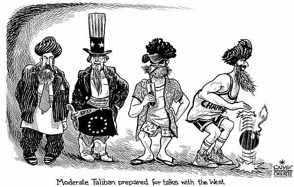 Oliver Schopf, editorial cartoons from Austria, cartoonist from Austria, Austrian illustrations, illustrator from Austria, editorial cartoon world 2009: Moderate Taliban prepared for talks with the westTaliban, moderate, talks, west, basket ball, change, uncle sam, eu politician politicians
