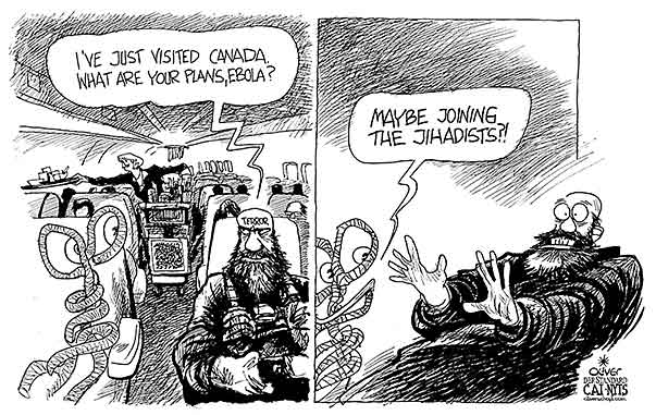 Oliver Schopf, editorial cartoons from Austria, cartoonist from Austria, Austrian illustrations, illustrator from Austria, editorial cartoon politics politician International, Cartoon Arts International, New York Times Syndicate, Cagle cartoon 2014: EBOLA VIRUS TERROR CANADA TERRORISM JIHADIST PLANE FLIGHT ECONOMY CLASS TALK  
      
