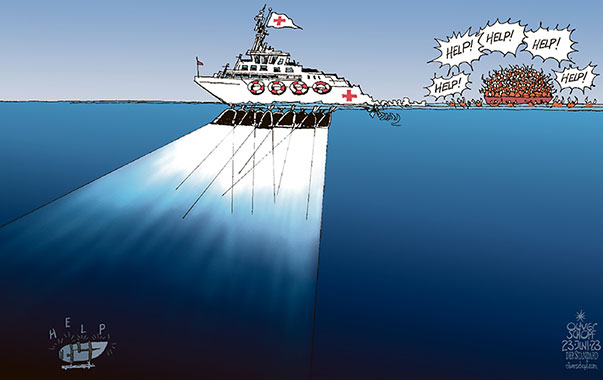 Oliver Schopf, editorial cartoons from Austria, cartoonist from Austria, Austrian illustrations, illustrator from Austria, editorial cartoon politics politician International, Cartoon Movement, CartoonArts International 2023: TITAN SUBMARINE TITANIC DIVING ATLANTIC OCEAN DEAD SEARCH RESCUE REFUGEES MEDITERRANIAN SEA COAST GUARD HELP

  