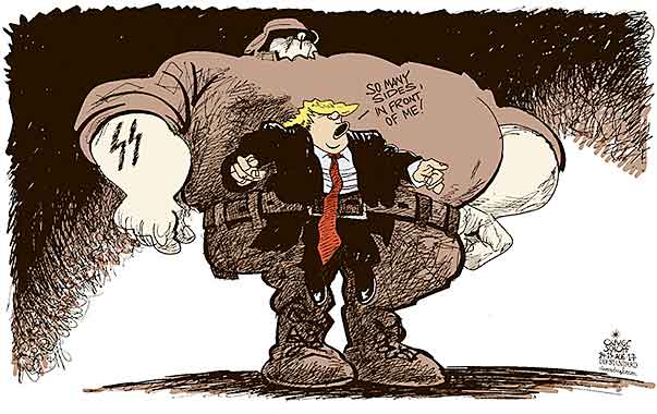 Oliver Schopf, editorial cartoons from Austria, cartoonist from Austria, Austrian illustrations, illustrator from Austria, editorial cartoon Donald Trump president of the united states of america USA TRUMP CHARLOTTESVILLE RIGHT ALT RIGHT KU KLUX KLAN VIOLENCE CAR MANY SIDES RACISM 
