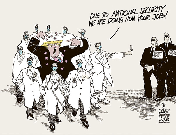 Oliver Schopf, editorial cartoons from Austria, cartoonist from Austria, Austrian illustrations, illustrator from Austria, editorial cartoon politics politician International, Politico, Cartoon Arts International, 2020: USA TRUMP ELECTIONS CAMPAIGN CORONAVIRUS CRISIS SARS-CoV-2 COVID-19 INFECTION POSITIVE DOCTOR PHYSICIANS
SEAN CONLEY SECRET SERVICE NATIONAL SECURITY PROTECTION 

