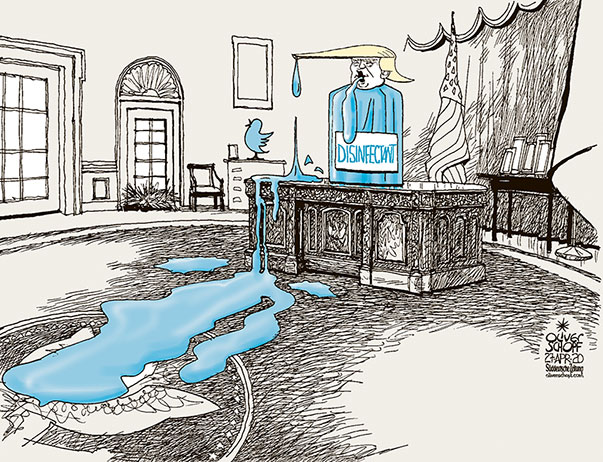 Oliver Schopf, editorial cartoons from Austria, cartoonist from Austria, Austrian illustrations, illustrator from Austria, editorial cartoon politics politician International, Süddeutsche Zeitung, Politico, Cartoon Arts International, 2020: CORONAVIRUS SARS-COV-2 COVID-19 USA TRUMP DISINFECTION DISINFECTANT BOTTLE INJECTIONS SYRINGE PRESS BRIEFING WHITE HOUSE OVAL OFFICE RESOLUTE DESK TWITTER SPILL SPILLING 


