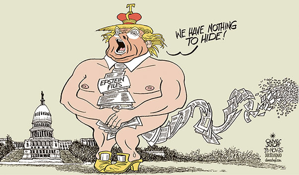 Oliver Schopf, editorial cartoons from Austria, cartoonist from Austria, Austrian illustrations, illustrator from Austria, editorial cartoon politics politician International, Cartoon Movement, @oliverschopf.bsky.social 2025: USA TRUMP EPSTEIN FILES WE HAV NOTHING TO HIDE CONGRESS REPUBLICANS VOTE KING NAKED NUDE RELEASE   

