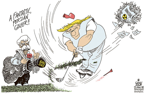 Oliver Schopf, editorial cartoons from Austria, cartoonist from Austria, Austrian illustrations, illustrator from Austria, editorial cartoon politics politician International, Cartoon Arts International, New York Times Syndicate, 2018: USA TRUMP IRAN NUCELAR ACCORD DEAL JOHN BOLTON NATIONAL SECURITY ADVISOR GOLF PERSIAN GULF DRIVER SWING TEE   
