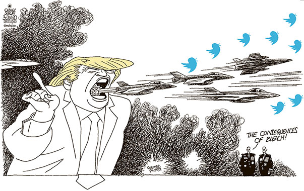 Oliver Schopf, editorial cartoons from Austria, cartoonist from Austria, Austrian illustrations, illustrator from Austria, editorial cartoon politics politician International, Politico, Cartoon Arts International, 2020: USA TRUMP GEORGE FLOYD I CAN’T BREATHE MILITARY FORCES JET TWITTER SHOOT BLEACH CORONA
