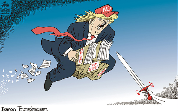 Oliver Schopf, editorial cartoons from Austria, cartoonist from Austria, Austrian illustrations, illustrator from Austria, editorial cartoon politics politician International, Cartoon Movement, CartoonArts International 2023: USA TRUMP INDICTMENT SECRET FILES MAR-A-LAGO JUSTICE BARON MUNCHAUSEN CANON BALL FLYING LIES 
