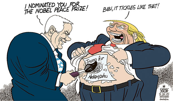 Oliver Schopf, editorial cartoons from Austria, cartoonist from Austria, Austrian illustrations, illustrator from Austria, editorial cartoon politics politician International, Cartoon Movement, @oliverschopf.bsky.social 2025: USA ISRAEL TRUMP NETANYAHU VISIT NOMINATION NOBEL PEACE PRIZE BEING FLATTERED STOMACH 


 




























