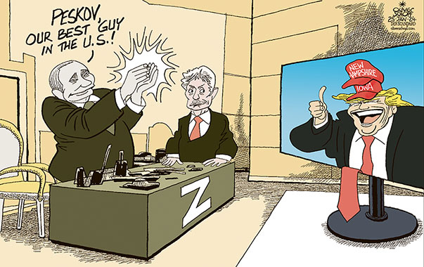 Oliver Schopf, editorial cartoons from Austria, cartoonist from Austria, Austrian illustrations, illustrator from Austria, editorial cartoon politics politician International, Cartoon Movement, CartoonArts International 2024: USA PRESIDENTIAL ELECTIONS CAUCUSES IOWA NEW HAMPSHIRE TRUMP WINNER PUTIN DMITRY PESKOV KREMLIN OFFICE CHEERLEADER

