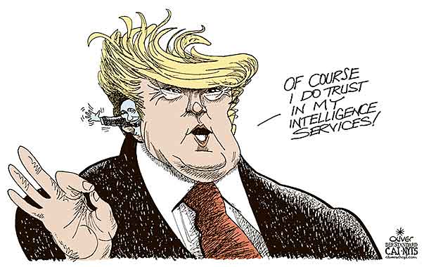 Oliver Schopf, editorial cartoons from Austria, cartoonist from Austria, Austrian illustrations, illustrator from Austria, editorial cartoon Donald Trump president of the united states of america USA RUSSIA TRUMP PUTIN INTELLIGENCE SERVICES FBI CIA EAR SPYING ELECTIONS  
