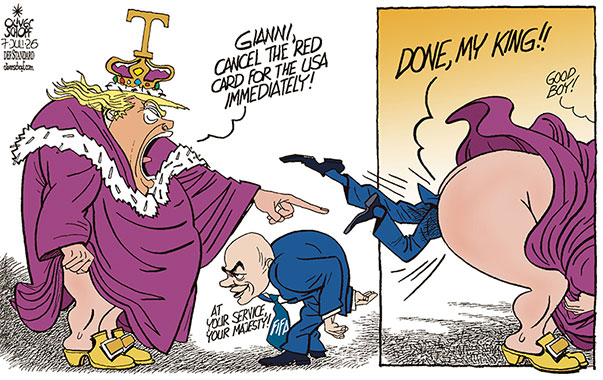 Oliver Schopf editorial cartoon 2026 : Donald Trump said that he personally asked Fifa president Gianni Infantino to review the red card shown to United States striker Folarin Balogun, saying he believed the dismissal was unfair but insisting he did not pressure football’s governing body to overturn the suspension.
Oliver Schopf, editorial cartoons from Austria, cartoonist from Austria, Austrian illustrations, illustrator from Austria, editorial cartoon politics politician International, Cartoon Movement, @oliverschopf.bsky.social 2026: FIFA WorlD CUP MEXICO USA CANADA TRUMP GIANNI INFANTINO RED CARD FOLARIN BALOGUN EXCLUSION REVISE KING KISS MY ASS INFLUENCE MANIPULATION CALL